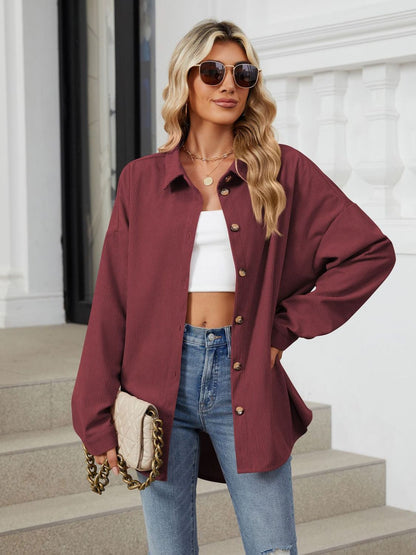 Collared Neck Long Sleeve Dropped Shoulder Shirt