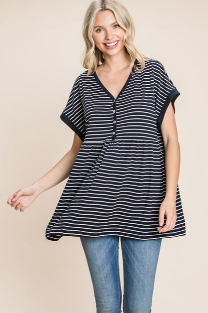 Striped Button Front Baby Doll Top