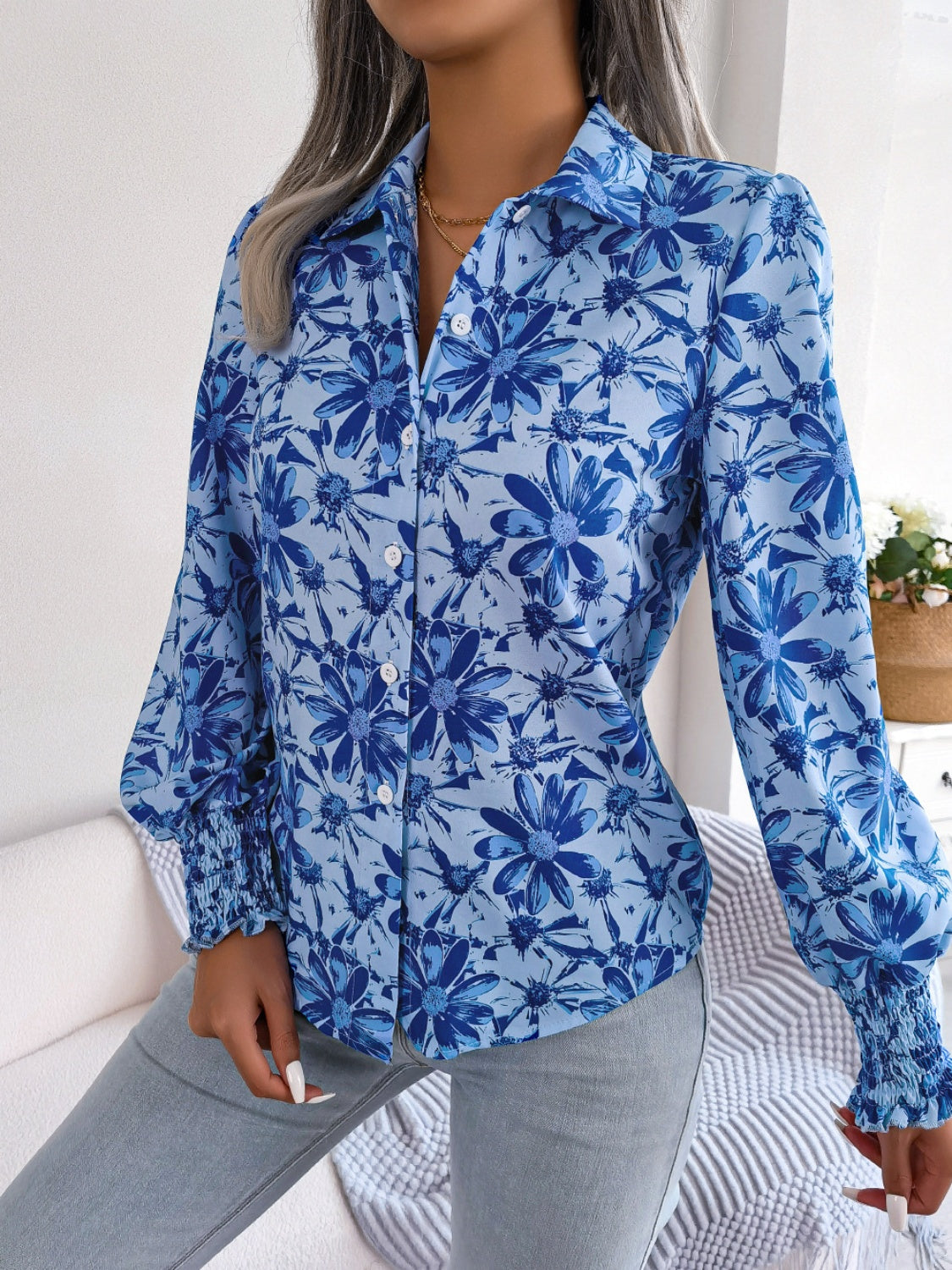 Floral Collared Neck Long Sleeve Shirt