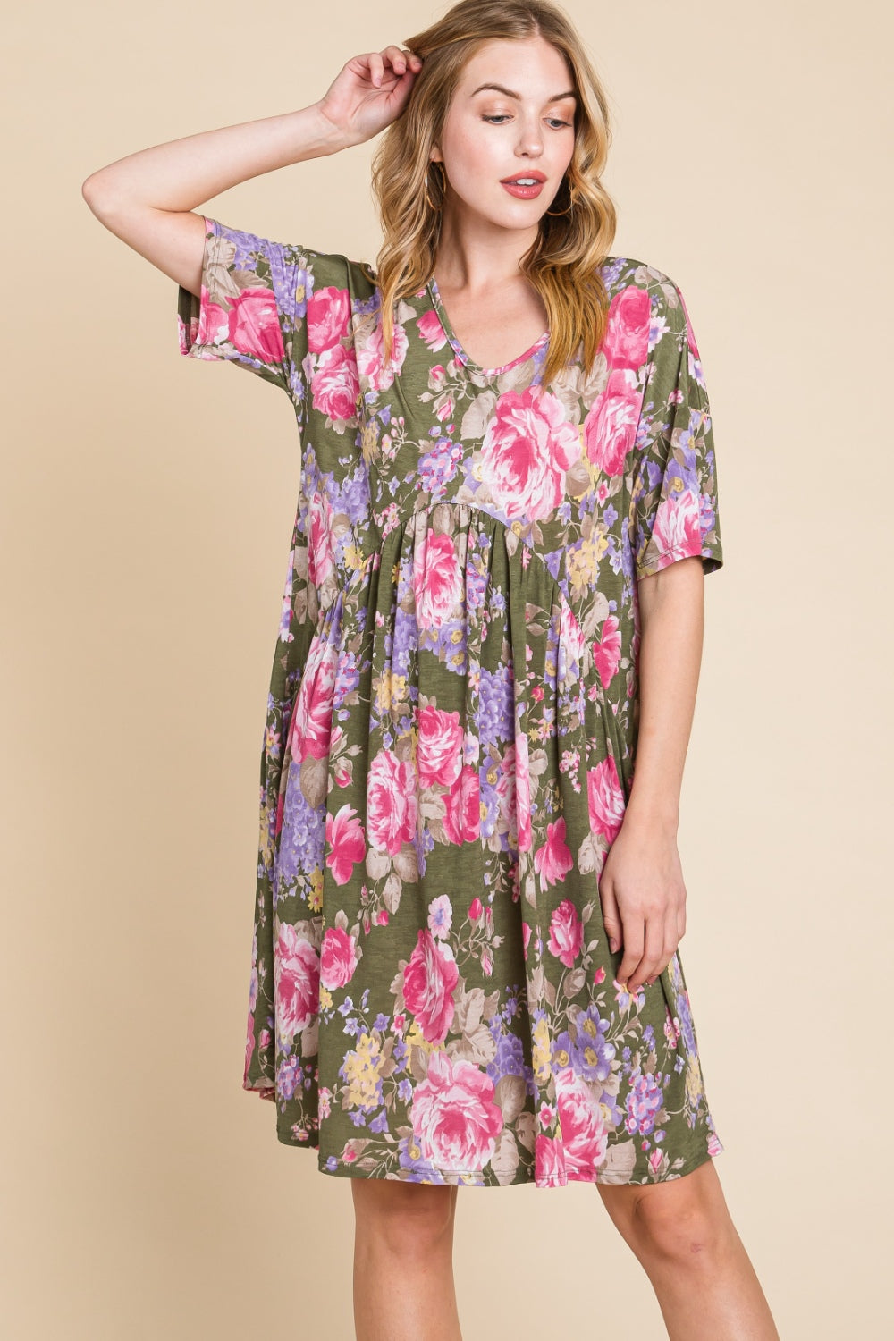 Flower Print V-Neck Ruched Dress