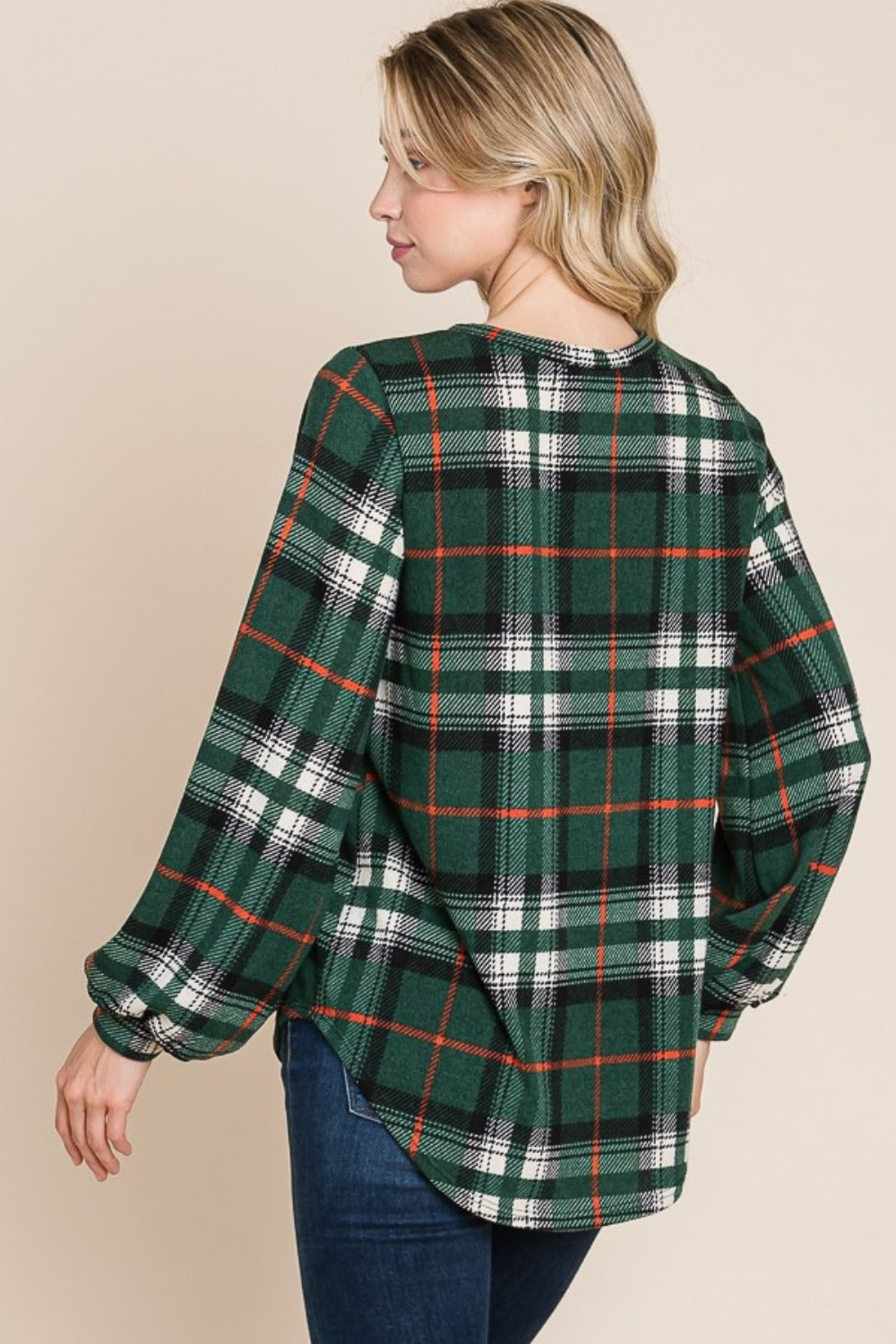 Curved Hem Plaid Round Neck Long Sleeve Top