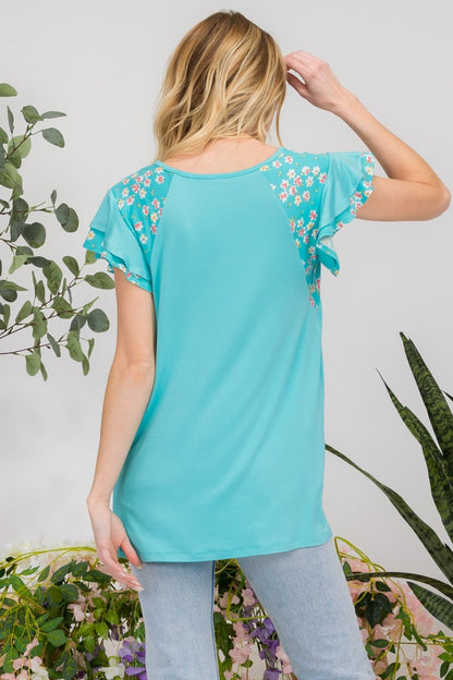 Floral Contrast Short Sleeve Top