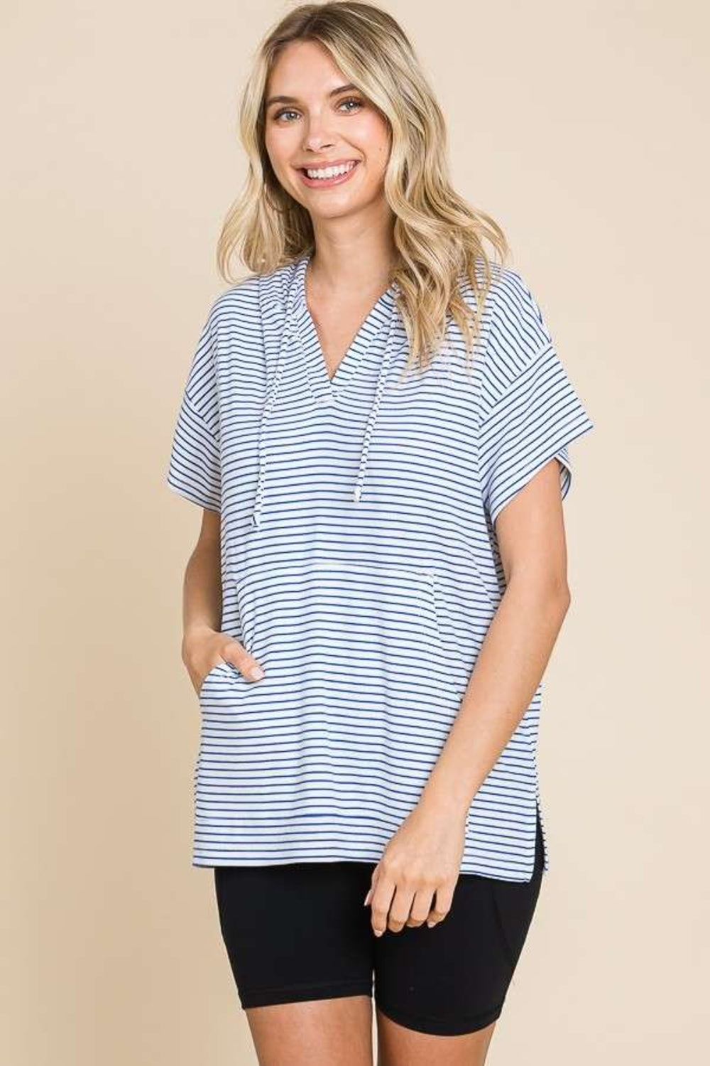 Striped Short Sleeve Hooded Top