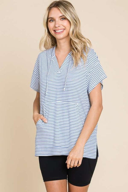 Striped Short Sleeve Hooded Top