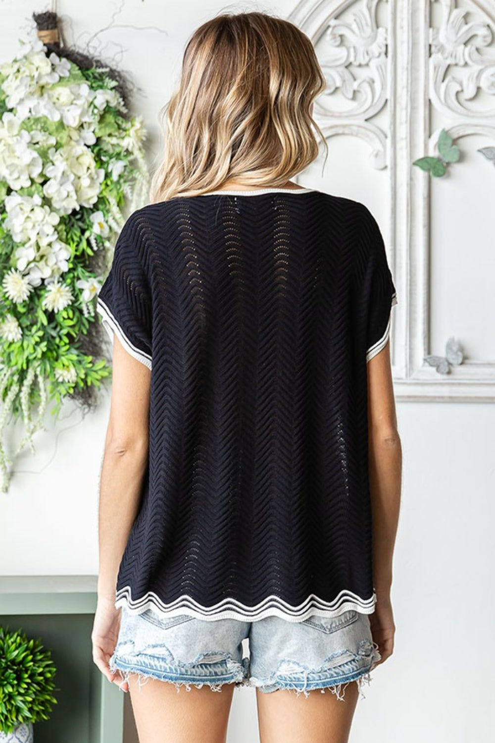 Contrast Wavy Crochet Drop Shoulder Knit Top