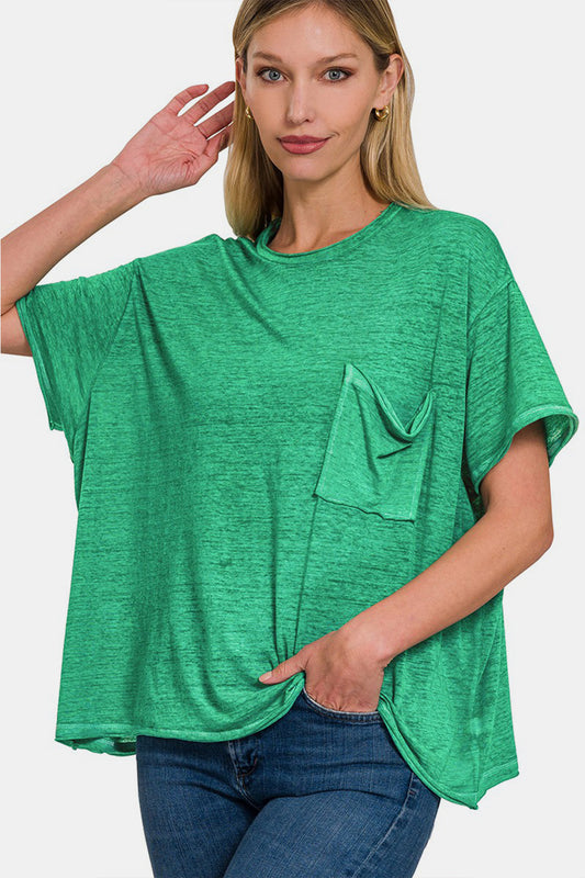 Pocketed Round Neck Dropped Shoulder T-Shirt