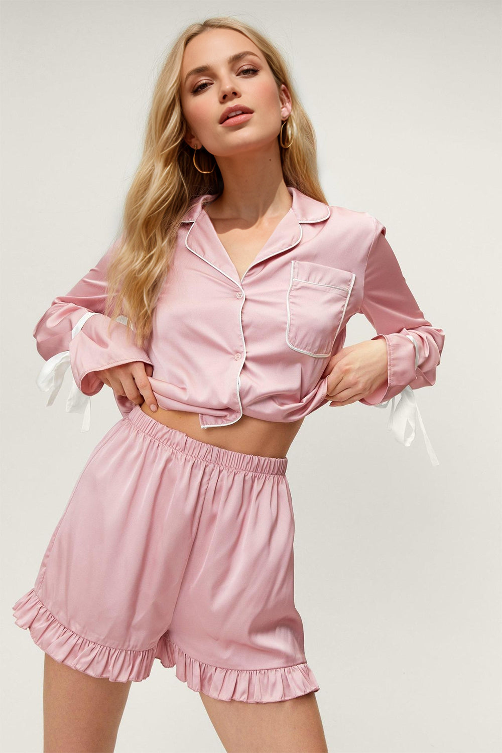 Tied Cuff Collared Neck Top and Frill Shorts Lounge Set