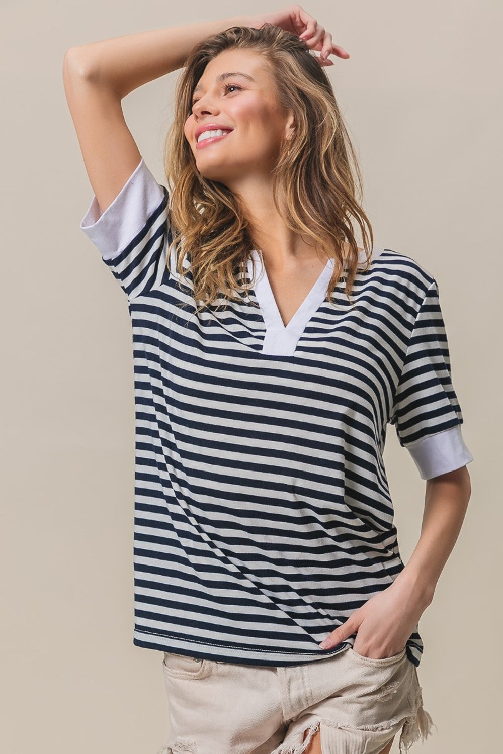 Contrast Striped Notched Knit Top