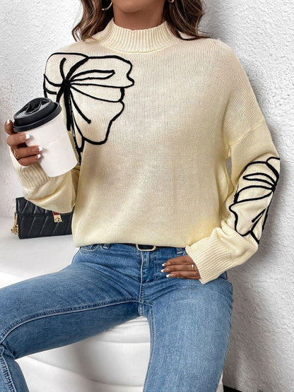 Mock Neck Dropped Shoulder Long Sleeve Sweater