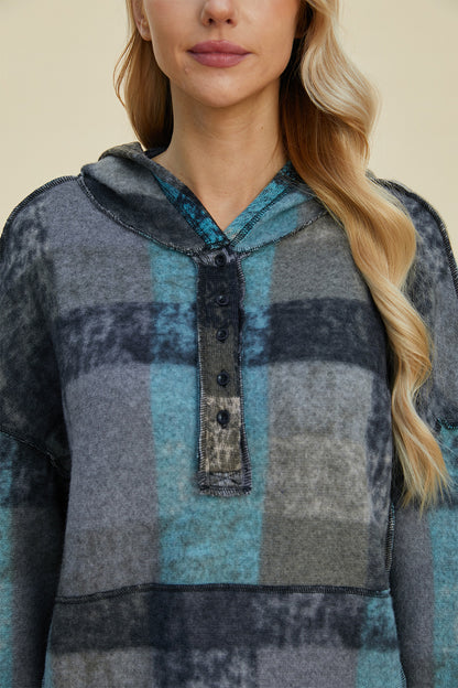 Plaid Dropped Shoulder Fleece Hoodie