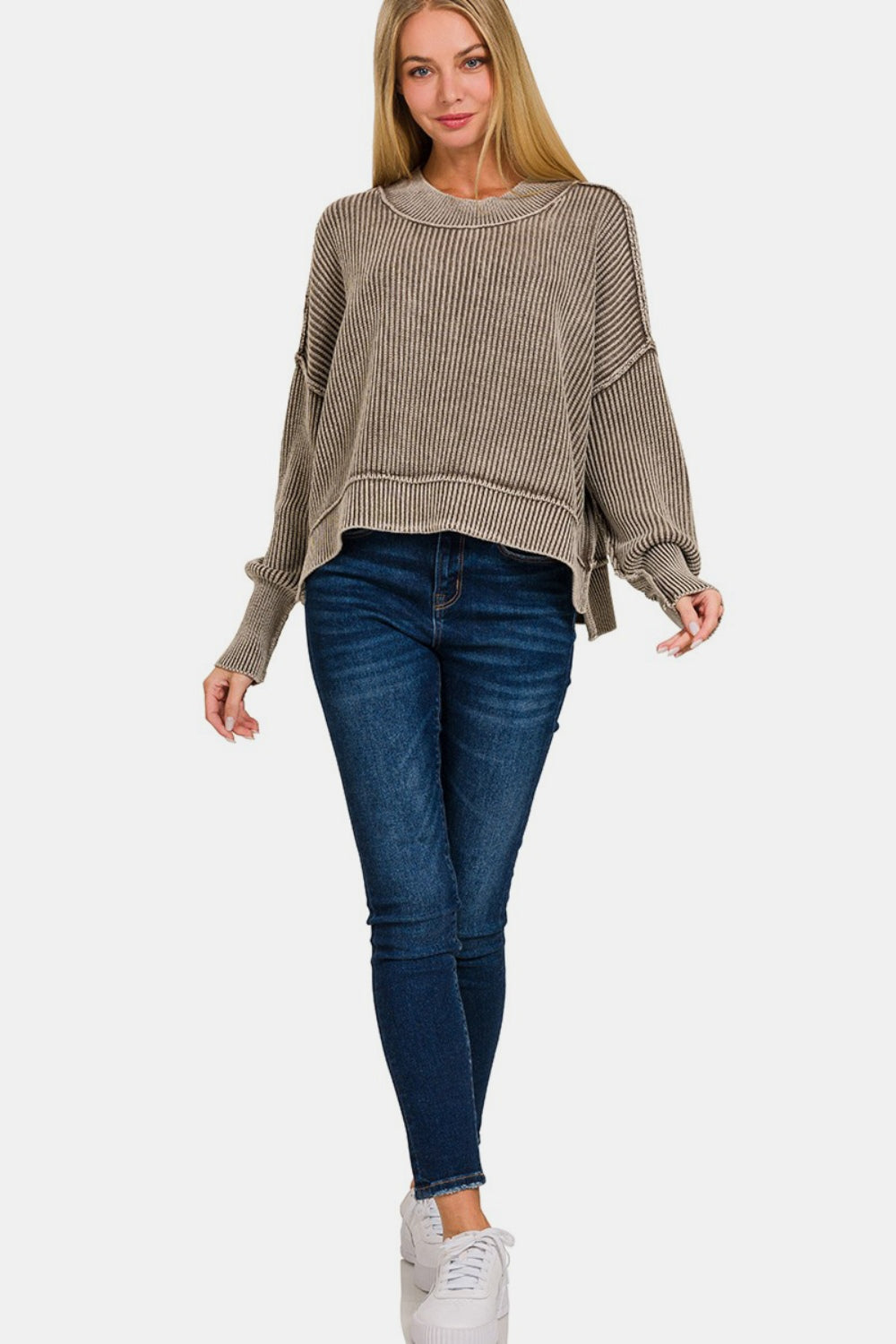 Exposed Seam Round Neck Dropped Shoulder Sweater