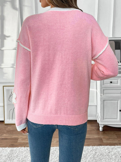 Flower V-Neck Long Sleeve Sweater