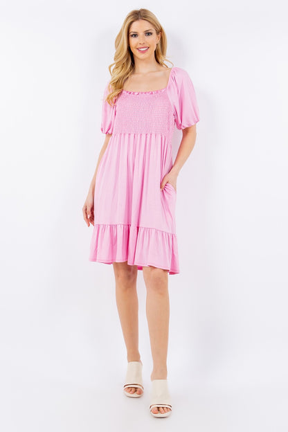 Ruffle Hem Short Sleeve Smocked Dress