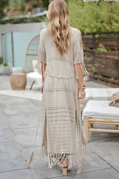 SOLID LONG CARDIGAN WITH FRINGE