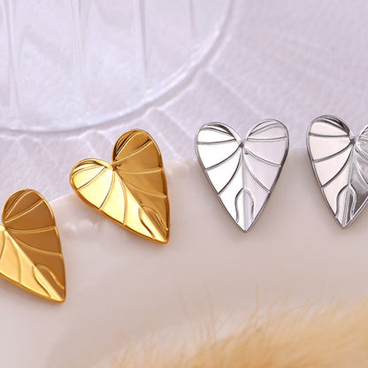 Stainless Steel Heart Leaf Stud Earrings