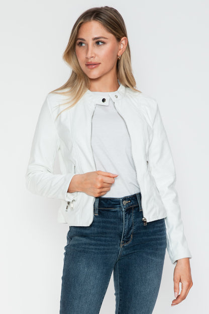 PU Leather Zip Up Jacket with Pockets