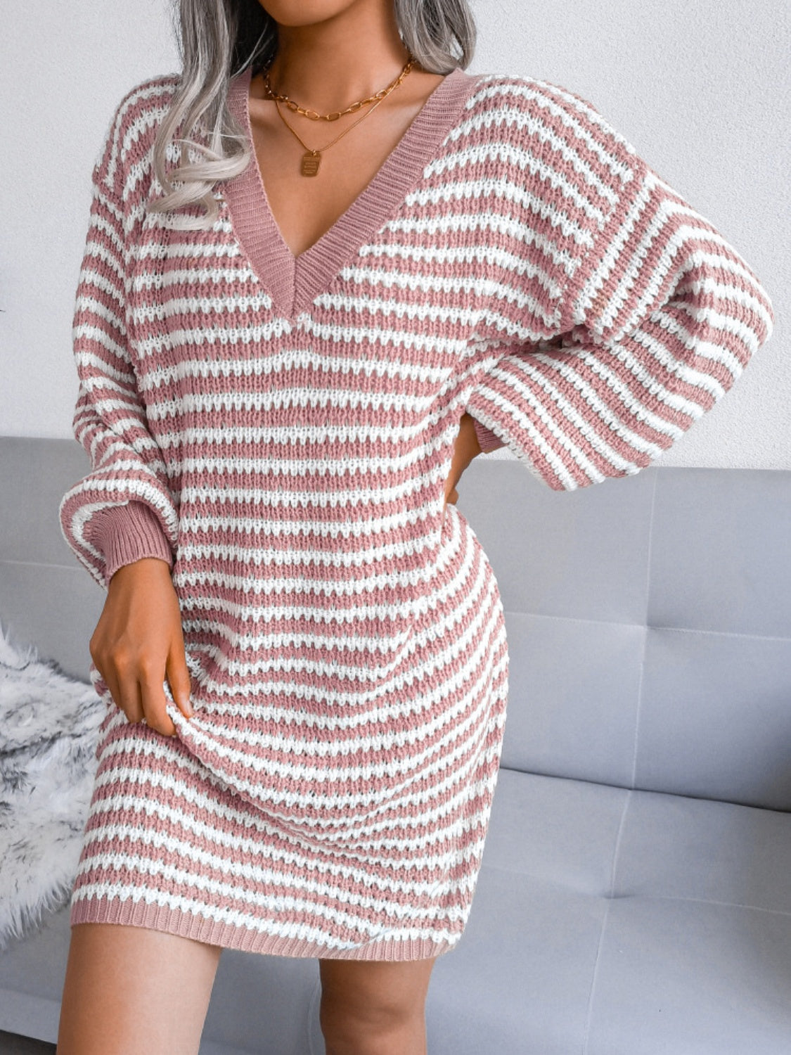 Striped V-Neck Long Sleeve Mini Sweater Dress