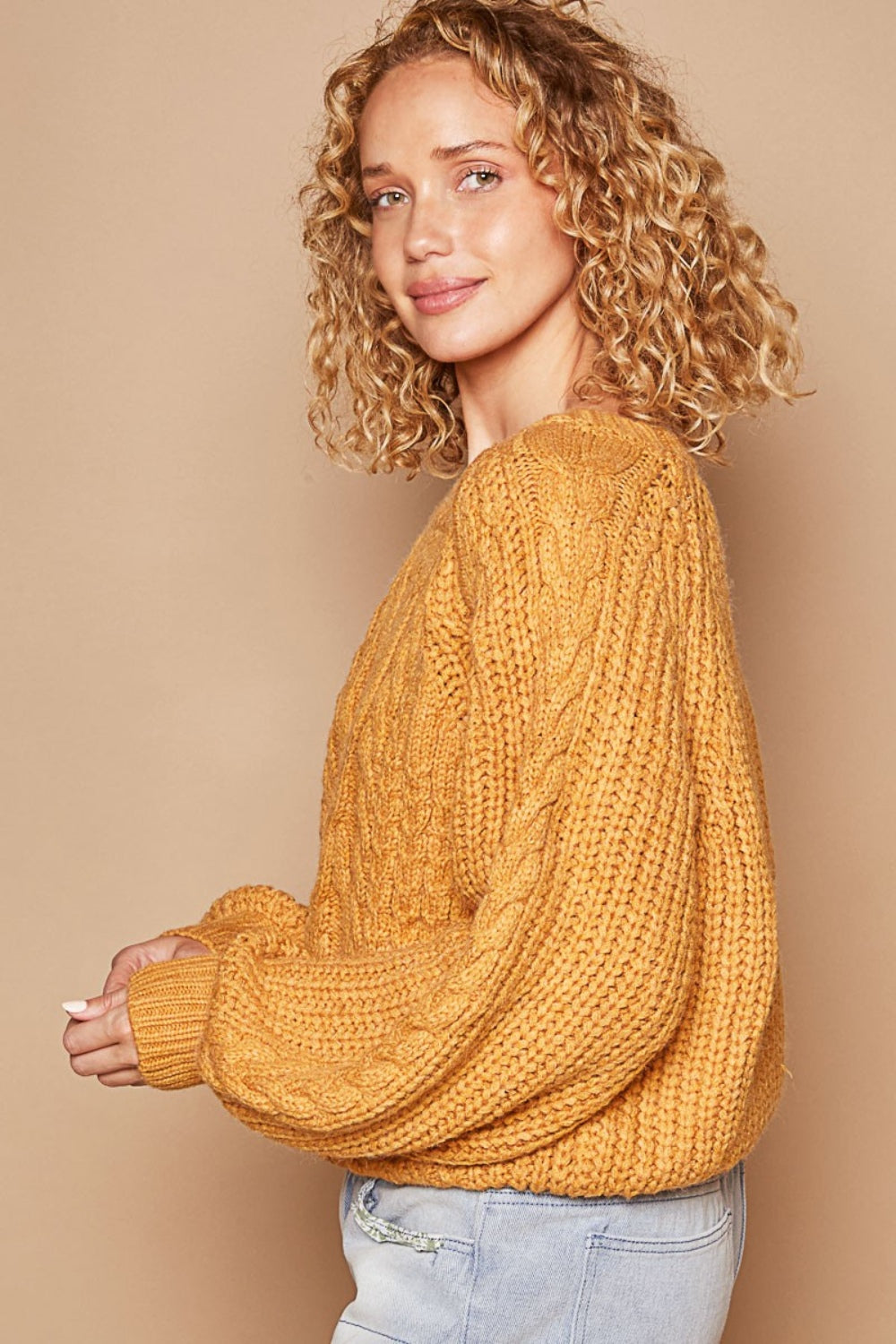 POL Cable Knit Cutout Long Sleeve Sweater