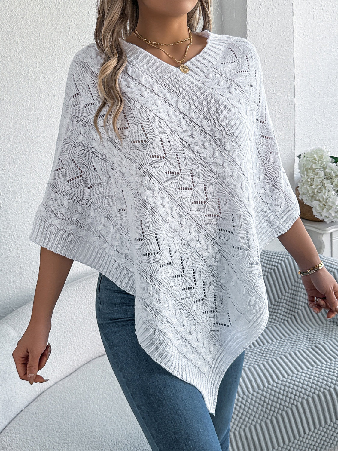 Cable-Knit Openwork Three-Quarter Sleeve Sweater