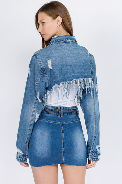 Distressed Denim Jacket with Frayed Hem