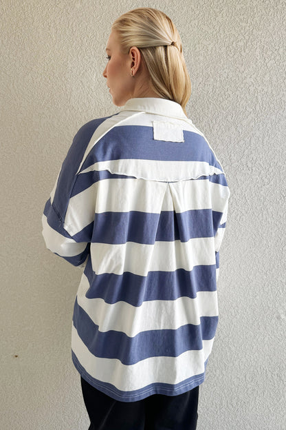 Pima Cotton Wash Wide Striped Collared Neck Long Sleeve Top
