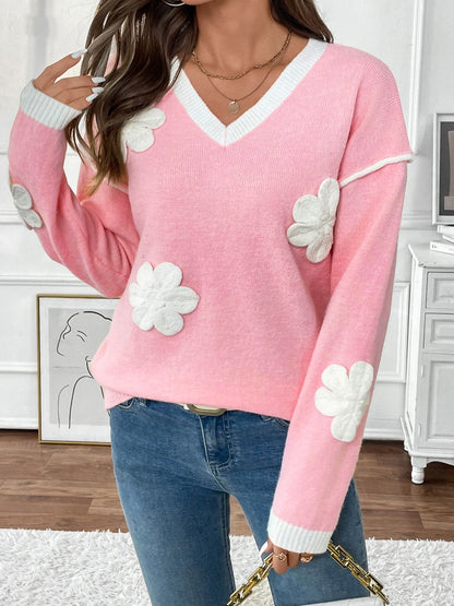 Flower V-Neck Long Sleeve Sweater