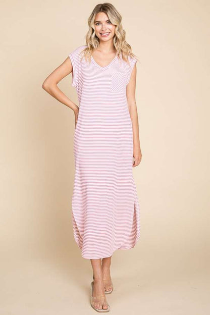 Striped V-Neck Slit Dress with Pockets