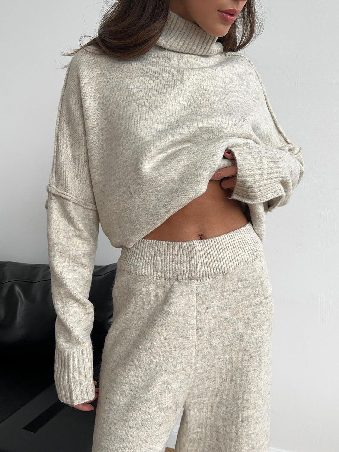 Slit Turtleneck Long Sleeve Top and Pants Sweater Set