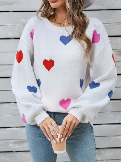 Heart Round Neck Long Sleeve Sweater