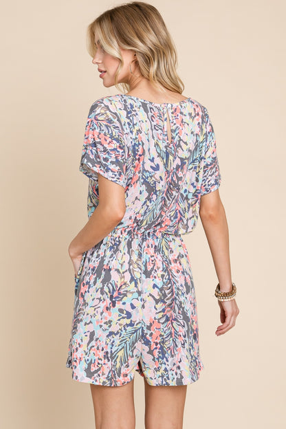 Printed Short Sleeve Drawstring Romper