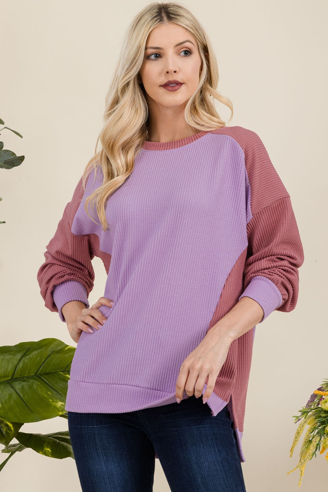 High-Low Contrast Round Neck Sweatshirt