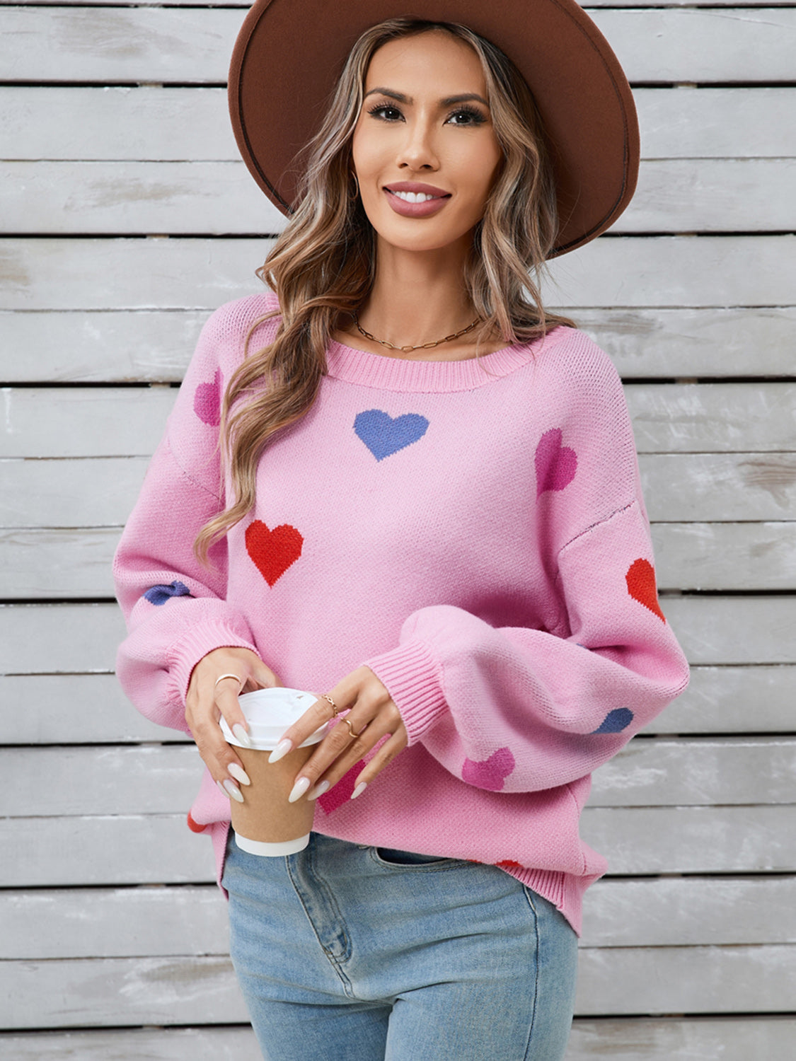 Heart Round Neck Long Sleeve Sweater