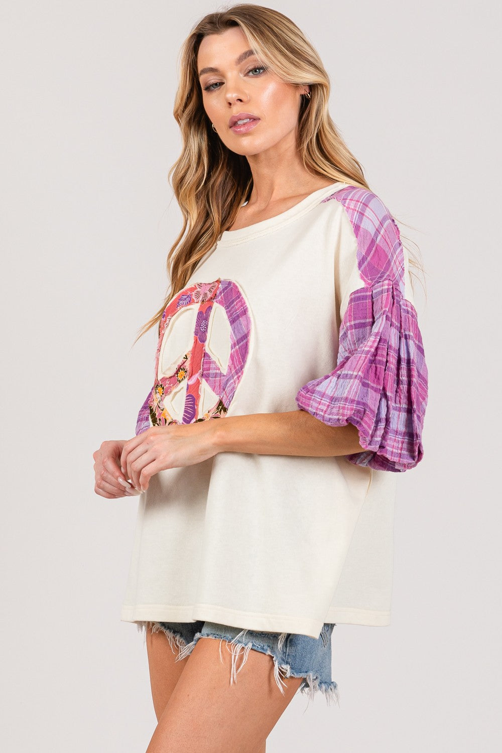 Peace Applique Patch with Plaid Contrast Top