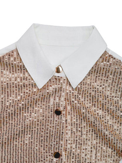 Sequin Contrast Collared Neck Long Sleeve Shirt