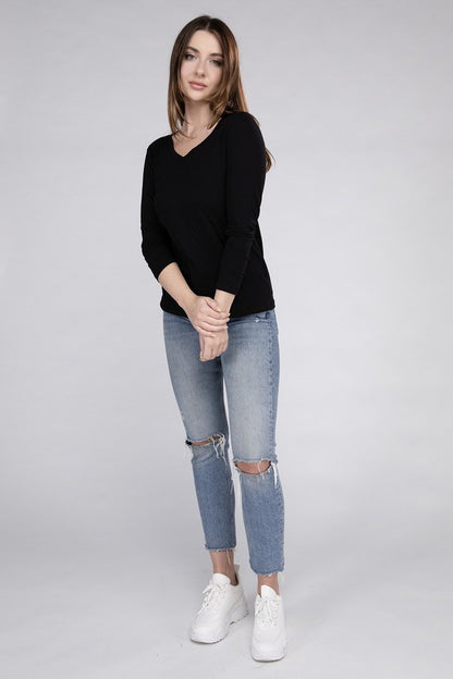 Cotton V-Neck Long Sleeve T-Shirt