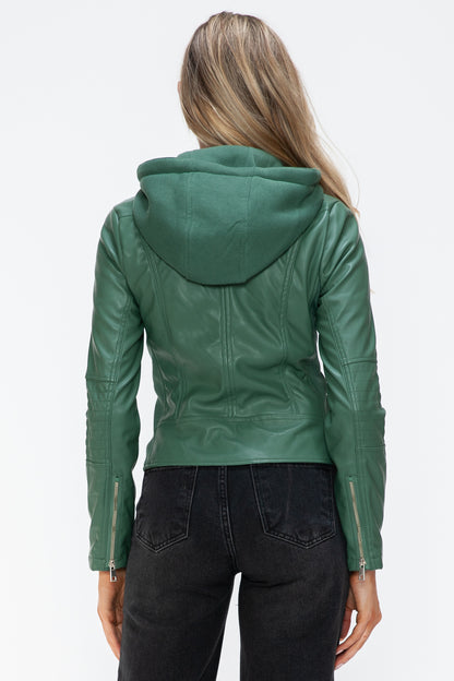 Faux Leather Zip Up Drawstring Hooded Jacket