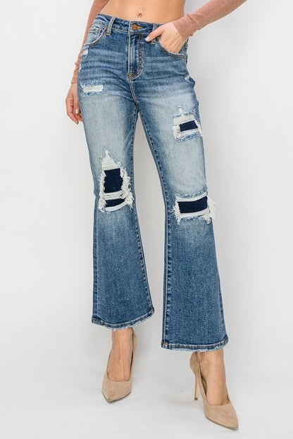 Risen High Rise Distressed Ankle Flare Jeans