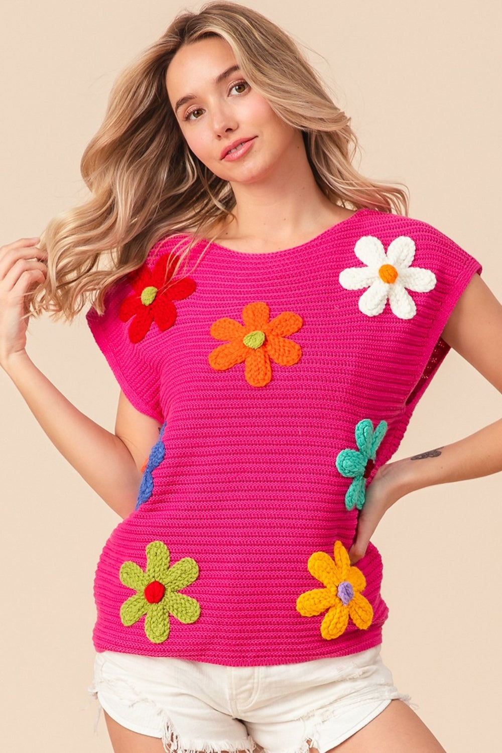 Flower Round Neck Cap Sleeve Knit Top