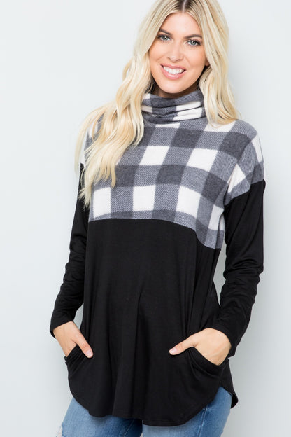 Pocketed Plaid Turtleneck Long Sleeve Blouse