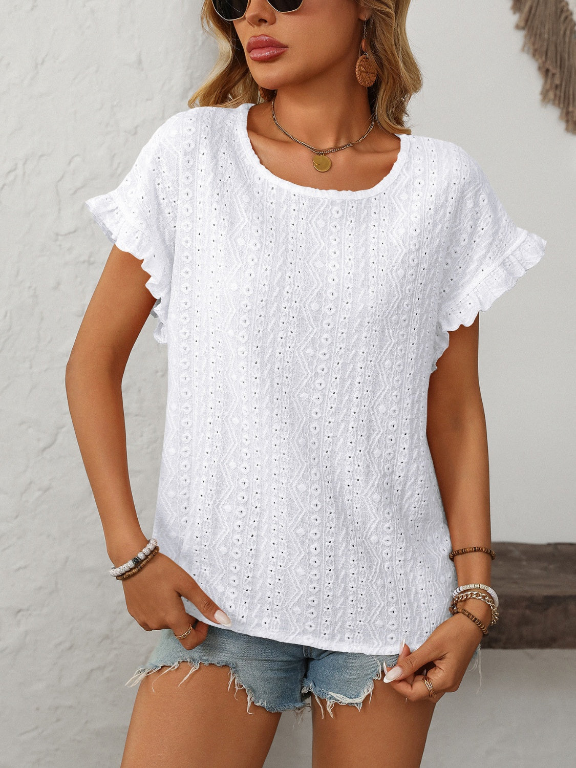 Eyelet Round Neck Short Sleeve Top