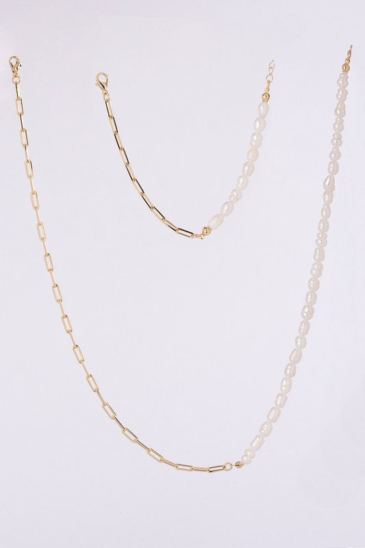 Natural pearl chain bracelet, necklace set - gold