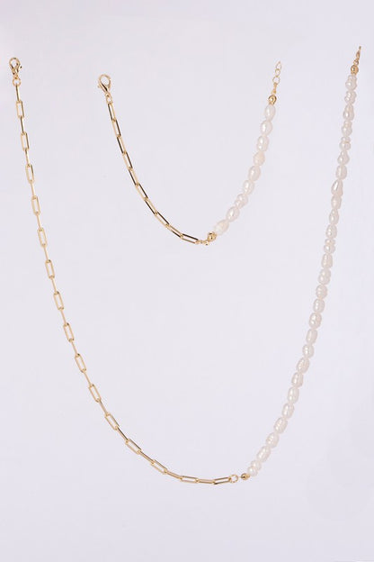 Natural pearl chain bracelet, necklace set - gold