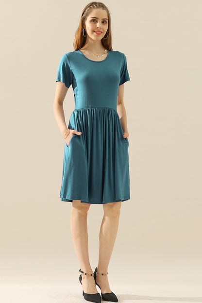 Round Neck Ruched Dress with Pockets