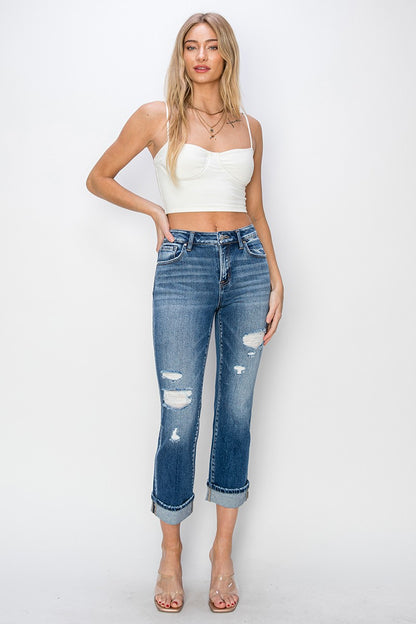 RISEN Cuffed Ankle Distressed Straight Jeans