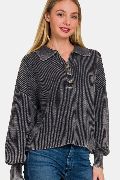 Washed Half Button Long Sleeve Sweater