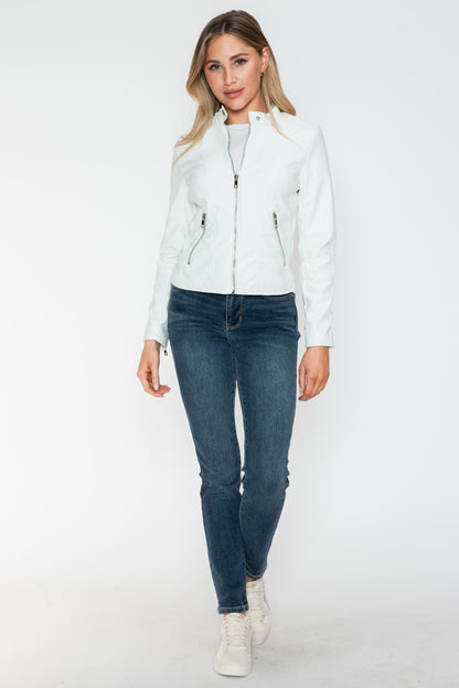 PU Leather Zip Up Jacket with Pockets