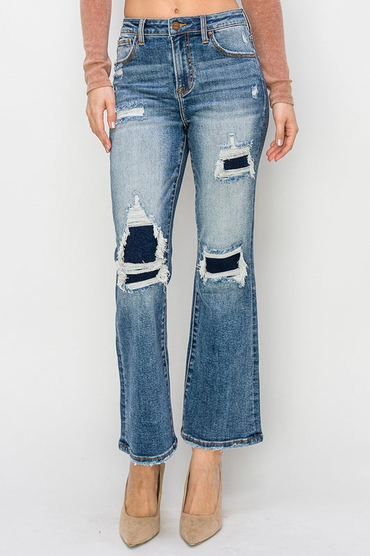 Risen High Rise Distressed Ankle Flare Jeans