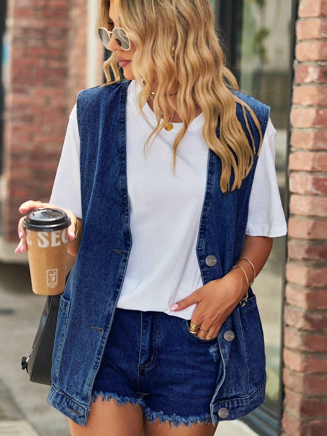 V-Neck Button Up Denim Vest