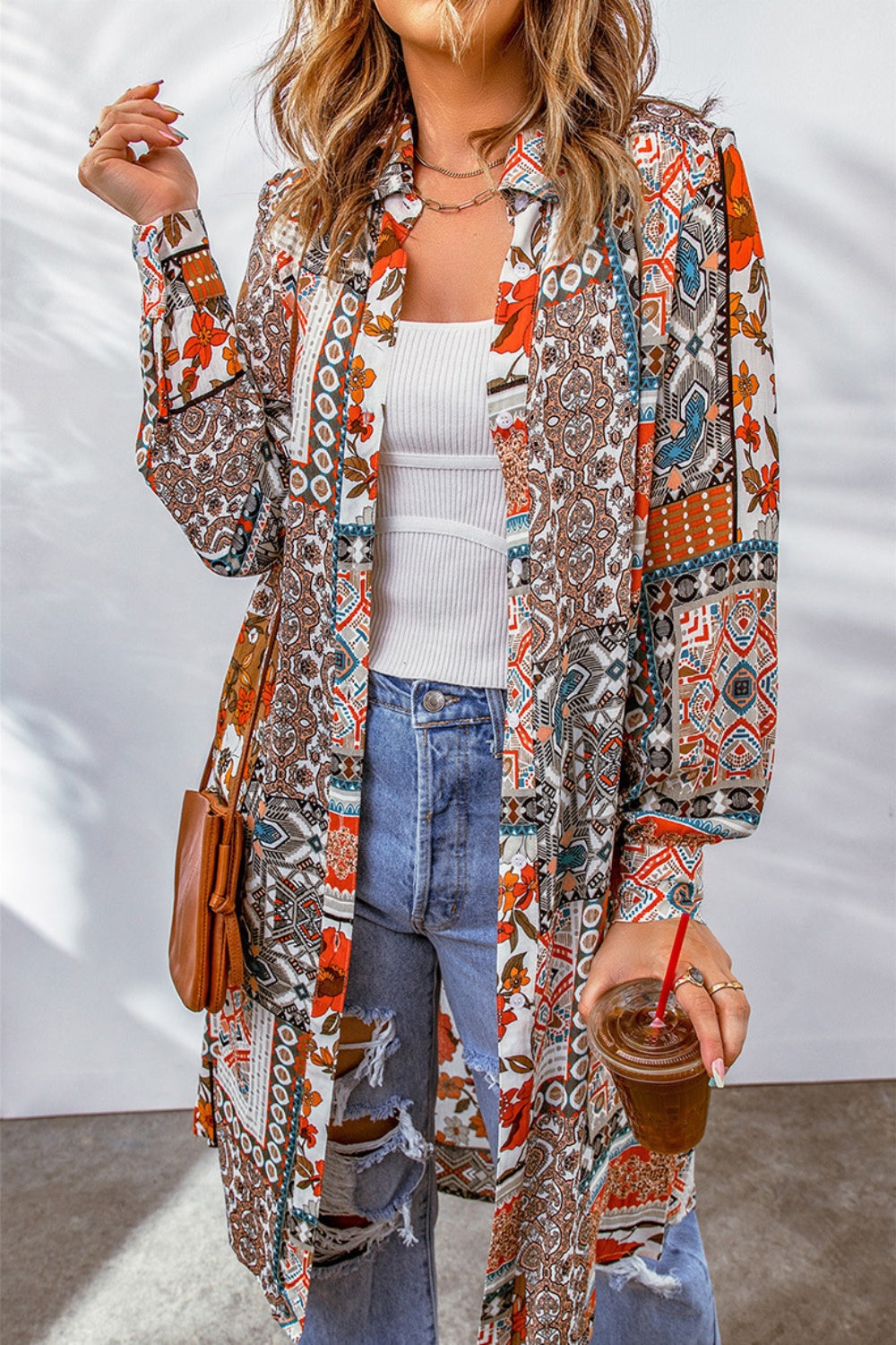 Printed Button Up Long Sleeve Cardigan