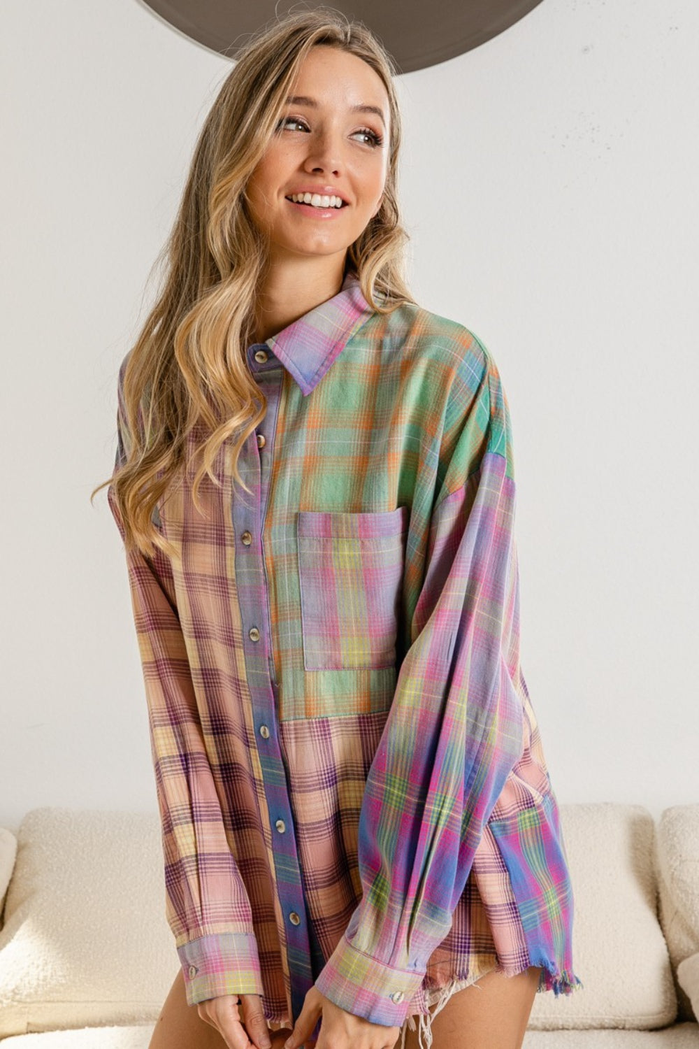 Plaid Color Block Button Up Shirt